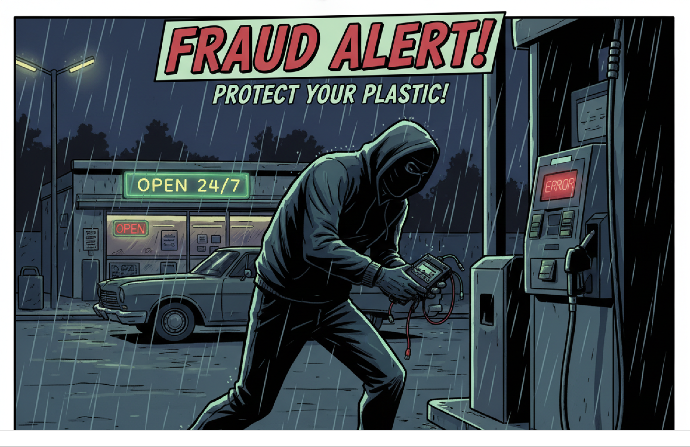 Debit Card Fraud Illustration of Robber adding things to Gas Pump